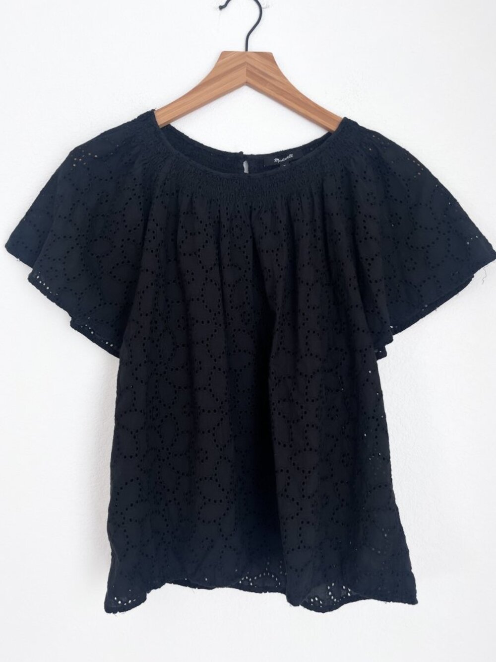 Madewell M Black Floral Eyelet Flutter Sleeve Top